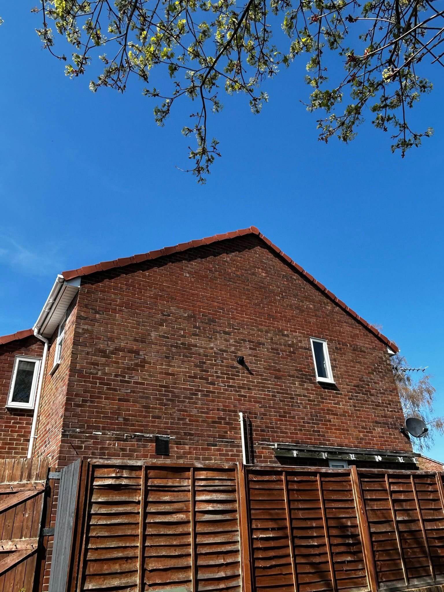A brick house with a sloped red roof stands behind a wooden fence under a clear blue sky. Tree branches with leaves extend into the top of the frame.