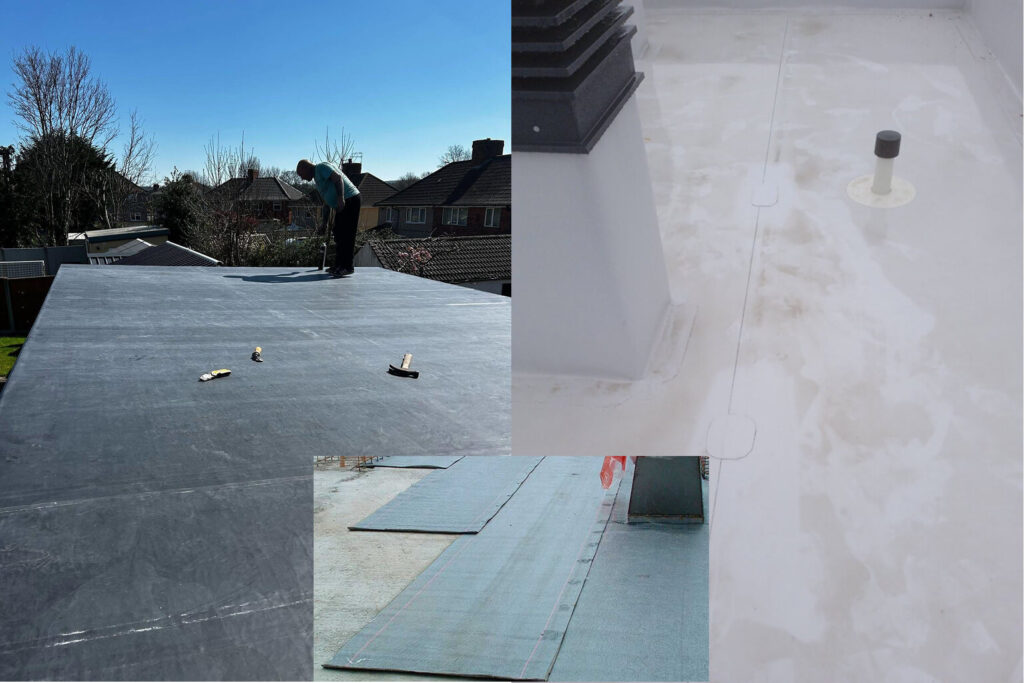 Three images show different stages of flat roof installation and maintenance, including laying materials, sealing seams, and inspecting the completed roof surface, as well as steps to repair fascia and soffit for a fully restored finish.