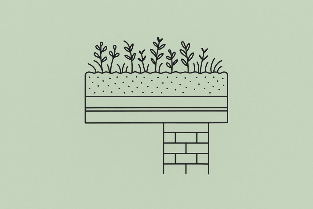 Line drawing of a cross-section of a green roof with plants growing on soil layers above a rectangular brick structure.