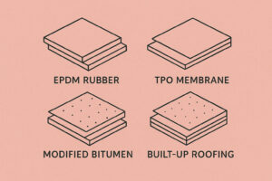 Diagram showing four flat roofing types: EPDM rubber, TPO membrane, modified bitumen, and built-up roofing, each represented by a simple line illustration.