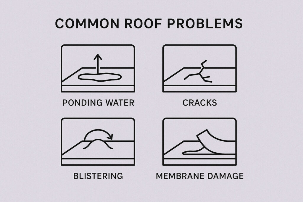Diagram showing four common roof problems: ponding water, cracks, blistering, and membrane damage, each illustrated with a simple line drawing.