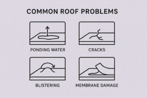 Diagram showing four common roof problems: ponding water, cracks, blistering, and membrane damage, each illustrated with a simple line drawing.