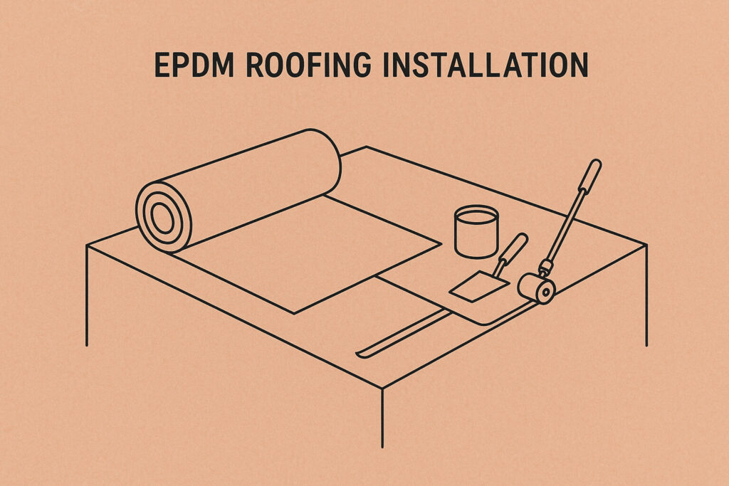 Line drawing of an EPDM roofing installation setup, showing a roll of membrane, adhesive can, brush, roller, and a flat roof surface.