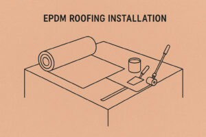 Line drawing of an EPDM roofing installation setup, showing a roll of membrane, adhesive can, brush, roller, and a flat roof surface.