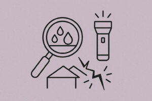 Black line icons on a light background showing a magnifying glass with water drops, a flashlight, a house, and a crack, suggesting home inspection or damage assessment.