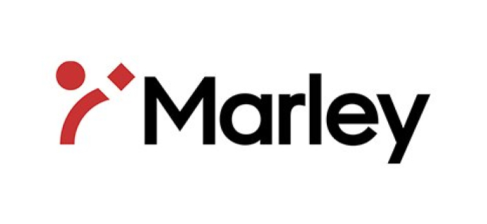 Logo with the word "Marley" in black text next to a red abstract figure made of a curved line, a circle, and a diamond shape—ideal for businesses that repair fascia and soffit.
