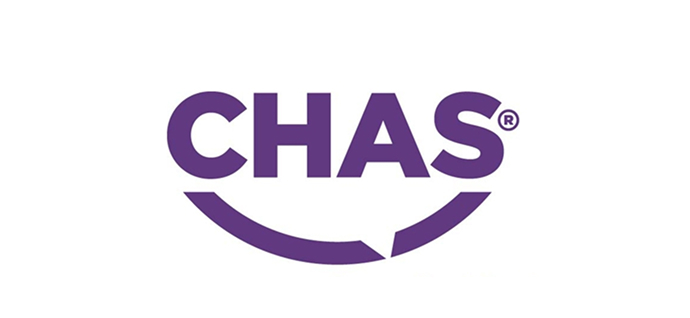 The CHAS logo features the word "CHAS" in bold purple letters with a curved line beneath, forming a partial oval or smile—perfect for businesses that repair fascia and soffit.