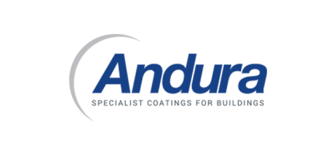 Andura logo with a curved grey line and the tagline "Specialist Coatings for Buildings" below the company name in blue text, ideal for businesses that repair fascia and soffit.