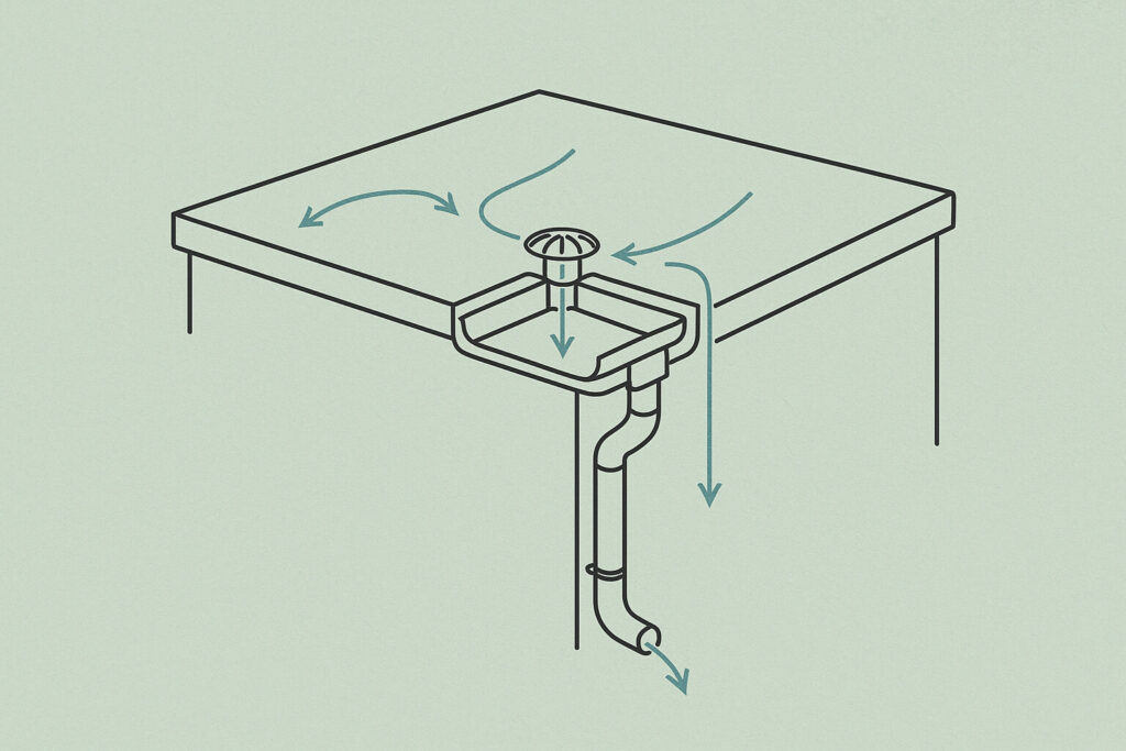 Diagram of rainwater flowing across a flat roof toward a central drain, which connects to vertical and curved pipes for water runoff.