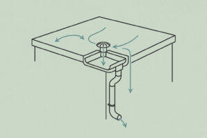Diagram of rainwater flowing across a flat roof toward a central drain, which connects to vertical and curved pipes for water runoff.