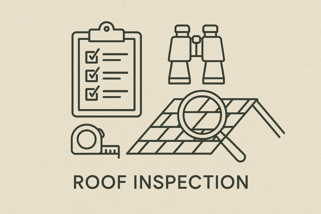 Line drawing of a clipboard with checklist, binoculars, tape measure, magnifying glass over a roof, and the words "Roof Inspection" below.