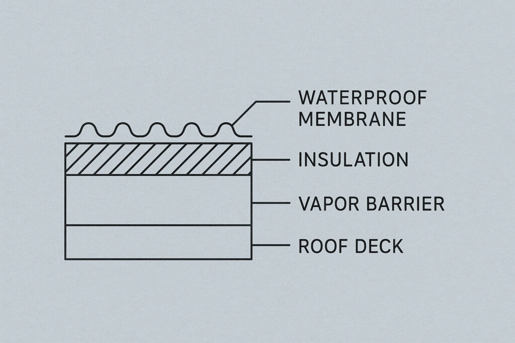 Cross-section diagram of a roof showing four labeled layers: waterproof membrane on top, insulation, vapor barrier, and roof deck at the bottom.