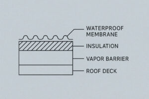 Cross-section diagram of a roof showing four labeled layers: waterproof membrane on top, insulation, vapor barrier, and roof deck at the bottom.